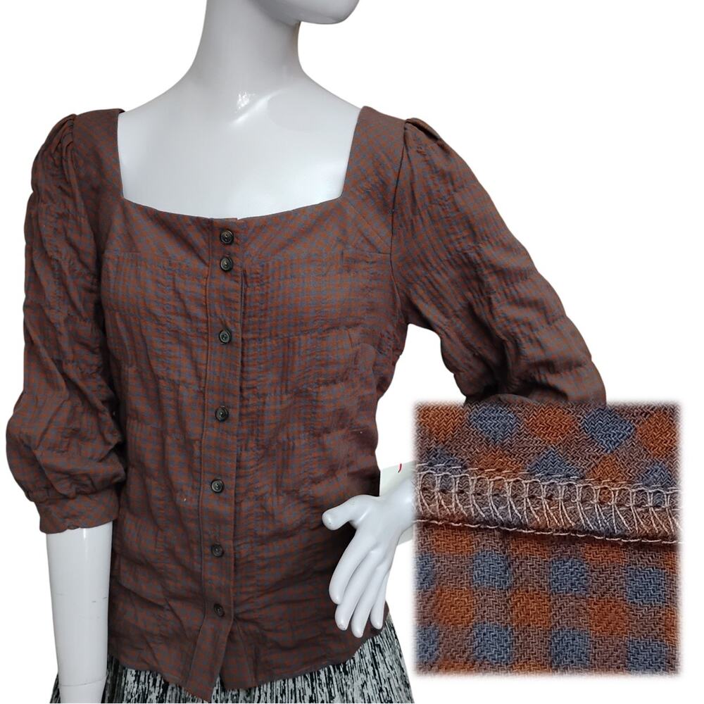 The Good Jane Blouse Medium Brown and Blue Gingham Print Square Neck 3/4 Sleeve
